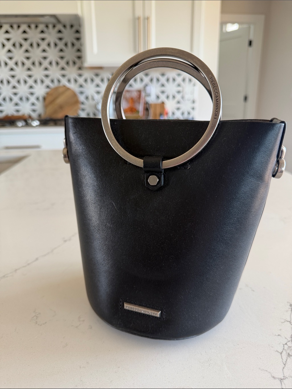 Rebecca Minkoff Black Leather Mini Circle-Handle Bucket Bag